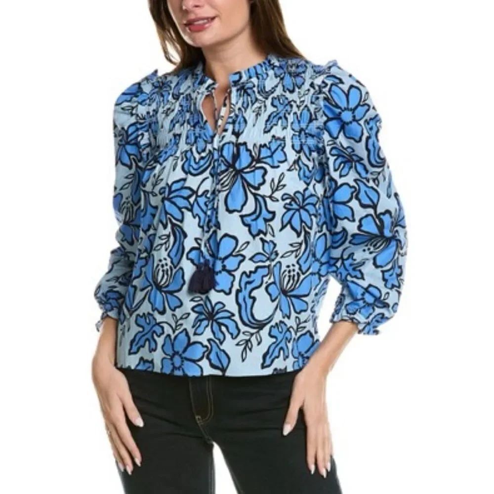 Sail to Sable Fall Floral Long Sleeve Tassel Front Top - Omphalodes/Blue Size L